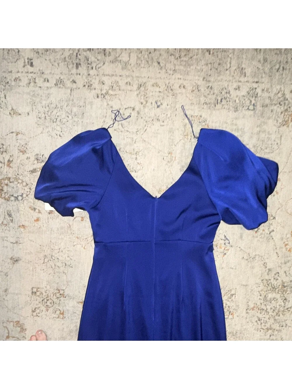 Aidan Mattox Blue Satin V-Neck Puff Sleeve Lined Maxi Dress Sz 8 A365